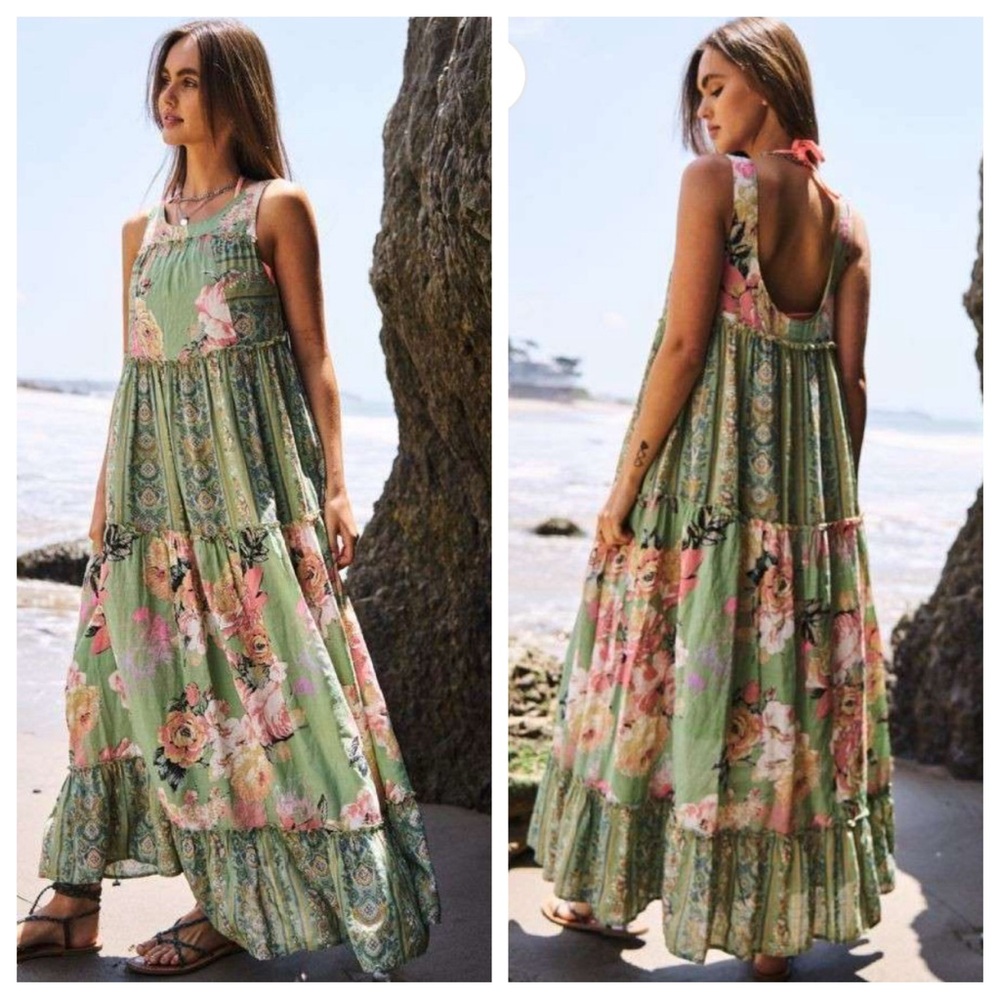 NWT Davi & Dani Vintage Print Tiered Maxi Dress Sage Green Medium Floral - Picture 1 of 16